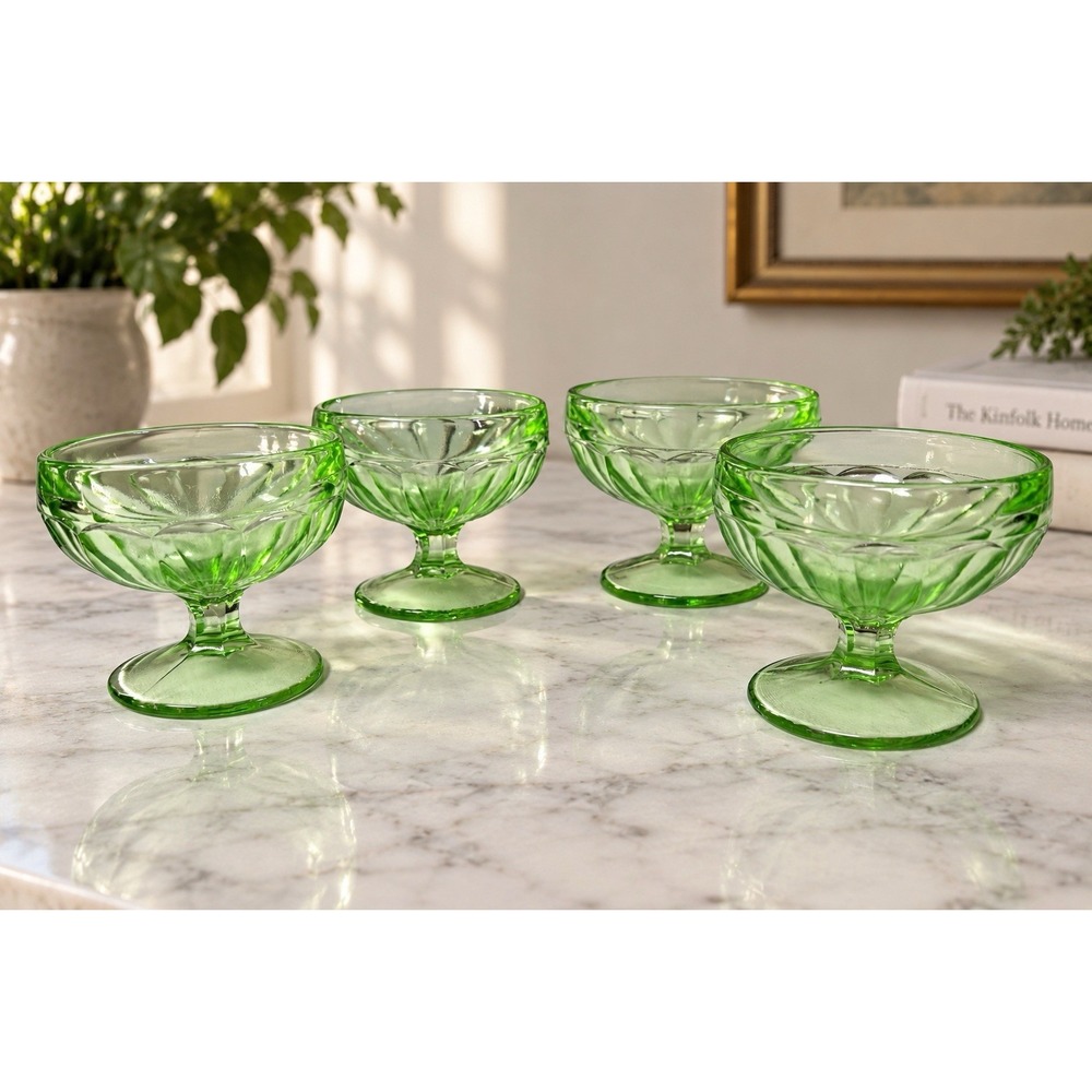 Vintage Hazel Atlas Ribbon Green Uranium Glass Sherbet Cups Set of 4 GLOWS